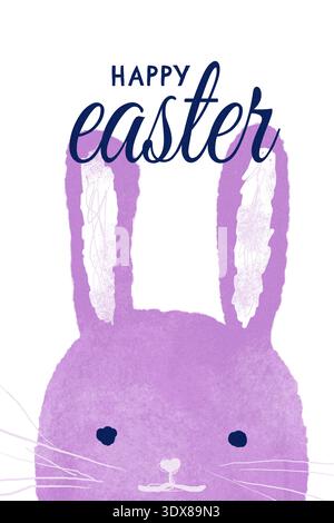 Happy Easter celebration with a purple bunny drawing and greeting text on a white background Stock Photo