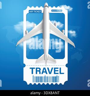 Creative aviation poster with white ticket frame and plane over blue sky with clouds and world map for travel agency advertisement, flight ticket prom Stock Vector