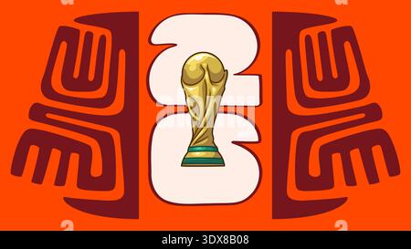 Gold soccer trophy cup with Canada ethnic patterns and 2026 text on an red background, representing the international football world event. Vector ill Stock Vector