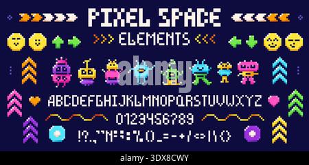 Color images of pixel art monsters, arrows, alphabet on blue background. Stock Vector