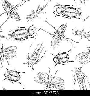 Vector seamless pattern with insects graphic sketch on white background. Bugs and grasshopper outline hand drawn for textile print. Pest insects in Stock Vector