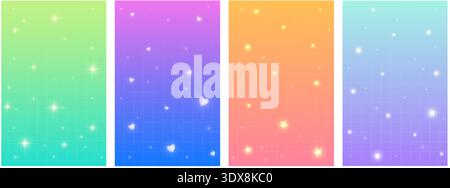 Y2K gradient background with pastel stars and cute kawaii sparkles. Dreamy pink holographic pattern with geometric grid design and vibrant rainbow Stock Vector