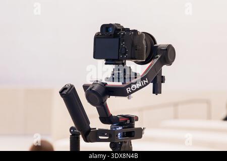 6 December 2025, Abu Dhabi, UAE: Camera mounted on a gimbal stabilizer Ronin for smooth video recording, showing professional gear Stock Photo