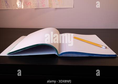 Blank open book on dark desk with pencil for creative writing Stock Photo
