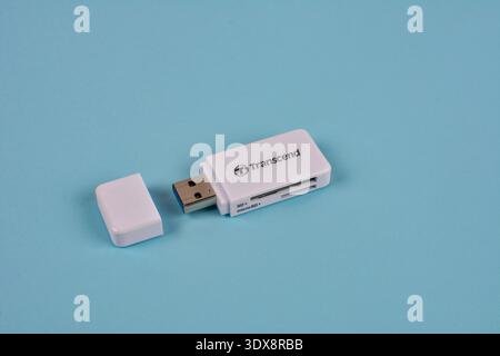 Lviv.Ukraine. December 2022. A Transcend USB card reader for transferring images from camera to computer. Stock Photo