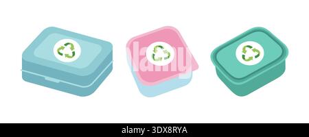 Reusable lunch Box set. Sustainable lifestyle, zero waste, ecological concept. Vector illustration in flat style. Recycling, waste management, ecology, sustainability. Stock Vector