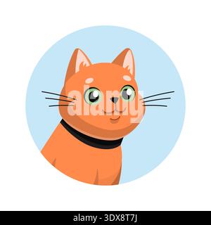 Red cat in circle frame Cartoon illustration. Happy kitten with collar avatar. Vector illustration. Flat design. Pet shop, vet clinic character, mascot. Stock Vector