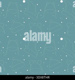 Winter blue pattern with white outline hats and snowflakes, cute childrens winter hats with ears on pastel blue background. Vector illustration Stock Vector
