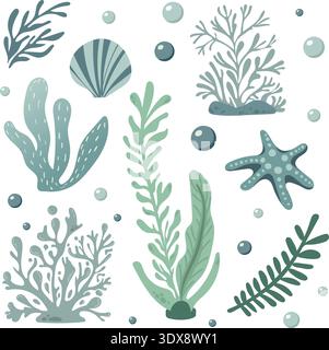Underwater Flat vector set with seaweed, coral, shell, bubbles and starfish. Minimal ocean illustration in soft blue and green tones, perfect for kids Stock Vector