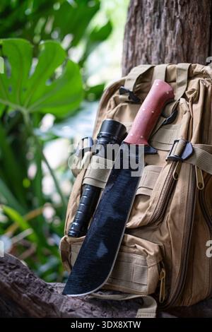 machete knife and a hiking backpack rest on a log. Stock Photo