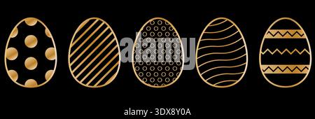 Set of decorative golden easter eggs with different patterns on dark background for happy spring celebration. Elegant vector illustration for greeting Stock Vector