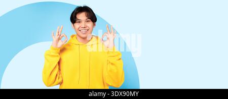 Collage of a Young Person Making a Hand Gesture in a Bright Setting With a Blue Background Stock Photo