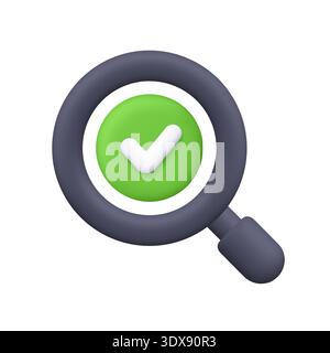 Black magnifying glass with white check mark on green button inside. Successful search, verification, approval and confirmation concept. 3d vector ico Stock Vector