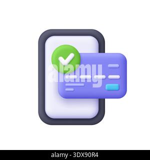 Smartphone with purple credit card and green check mark. Finance, successful payment, online transaction approval, secure banking and verified purchas Stock Vector