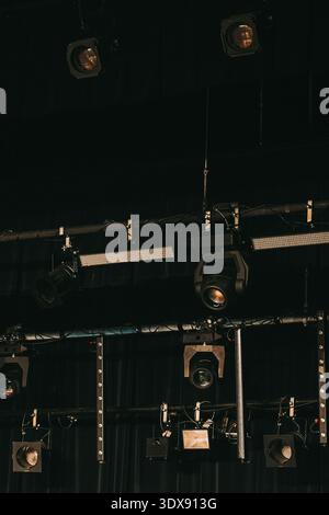Riga, Latvia - February 28, 2026:Professional stage lighting rig mounted on a theater ceiling with spotlights and LED bars in a dark performance venue Stock Photo