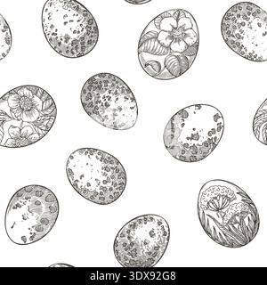 Easter seamless pattern with painted quail eggs black and white background. Hand drawn vector scattered design in vintage style. Outline art print for wallpaper. Perfect for holiday fabric and paper. Stock Vector