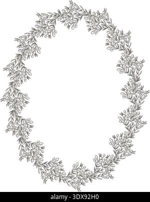 Oval wreath with wildflower and copy space in vintage sketch style. Hand drawn vector decorative festive design. Graphic drawing ideal for Easter card template. Perfect for spring holiday season. Stock Vector
