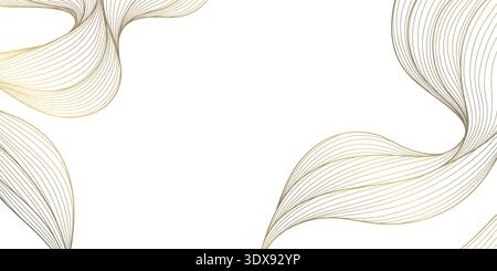 Elegant gold line wave pattern on white background, abstract curves, flowing silk texture, deco elements. Luxury vector illustration, Japanese Stock Vector
