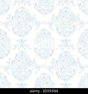 Floral botanical line art in form of Easter eggs. Vector illustration. Elements of wild and garden plants and herbs on seamless pattern. Suitable for Stock Vector