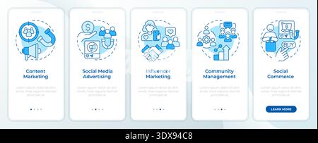 Content marketing channels blue onboarding mobile app screen Stock Vector