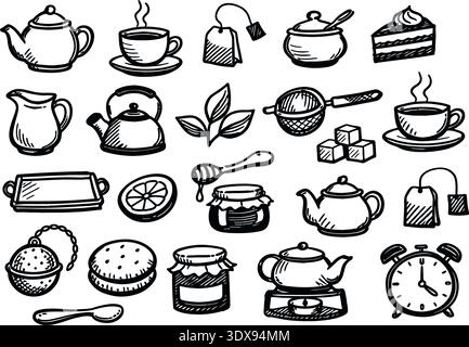continuous line drawing icons of tea pot with tea leaves and cup. Vector Stock Vector