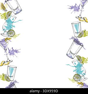 Vector seamless double strip of Kamikaze, Aviation, Blue Lagoon cocktail drinks. Color splashes, bright flat fills. Hand drawn in ink for party Stock Vector