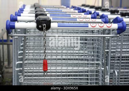 Rows of empty shopping carts Stock Photo