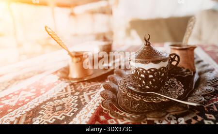 Turkish Coffee Set on a Traditional Rug Stock Photo