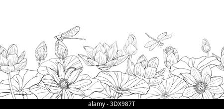 Blooming lotus flowers, aquatic leaves, and dragonflies in flight etching monochrome seamless banner. Blooming waterlily and flying insects vector Stock Vector