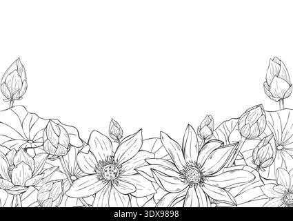 Blooming lotus flowers vector isolated rectangle frame in black ink linear style. Water lilies, leaves, buds border with copy space for text. Stock Vector