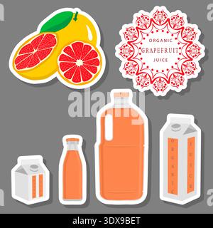 Illustration on theme big set different types of juice grapefruit in bottle, juice grapefruit pattern consisting of collection organic beverage to bot Stock Vector