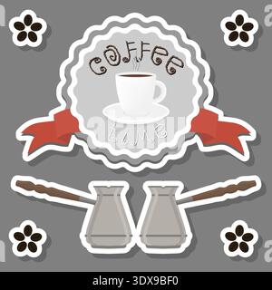 Illustration logo for white ceramic cup of hot coffee on saucer, Turkish pot cezve with handle, cezve pattern consisting of grain beverage brewed in p Stock Vector