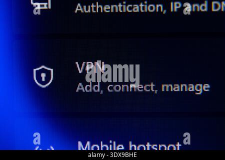 Virtual Private Network VPN configuration menu on a digital display, interface for adding and managing secure encrypted internet connections for data Stock Photo