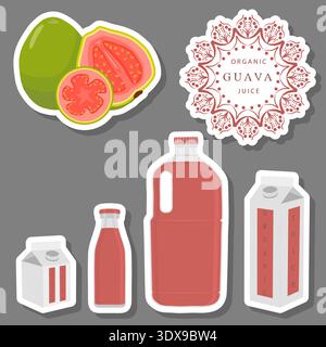 Illustration on theme big set different types of juice guava in bottle, juice guava pattern consisting of collection organic beverage to bottle, brigh Stock Vector