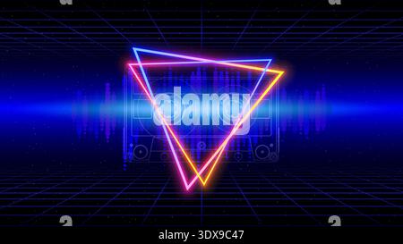 Retro futuristic abstract background. Synthwave 80s style poster. Neon triangle, 3d laser grid, audio waveform, compact cassette. Music template Stock Vector