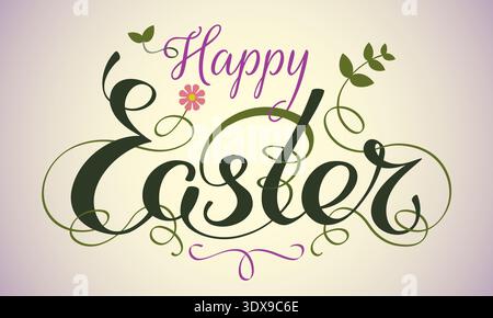 Happy easter hand lettering typography with floral decorations. Handwritten happy easter greeting card. Script font. Light gradient background. Decor Stock Vector
