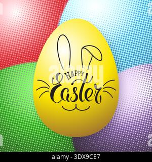 Happy Easter rabbit poster lettering. Easter bunny ears. Handwritten typography logo of cute bunny face. Halftone background, multicolored eggs. Decor Stock Vector