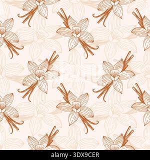 Aromatic soft creme pattern featuring vanilla flowers and pods. Warm brown and beige tones, perfect for backgrounds, textiles, food packaging, or cosmetics. Vector illustration Stock Vector