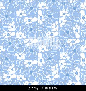 Minimalist Seamless Botanical Pattern with Hand Drawn White Flower Outlines on Light Pastel Blue Background. Vector Square Illustration Stock Vector