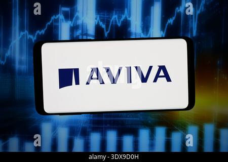In this photo illustration, the logo of British insurance company Aviva plc is displayed on a smartphone in front of abstract background on computer screen. Stock Photo