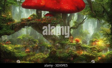 3d rendering of fairy tale little cottages in shape of mushroom in magical forest Stock Photo