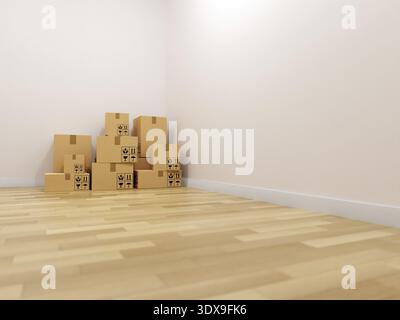 3D rendering of empty room with parquet floor and piled cardboard moving boxes in the corner Stock Photo