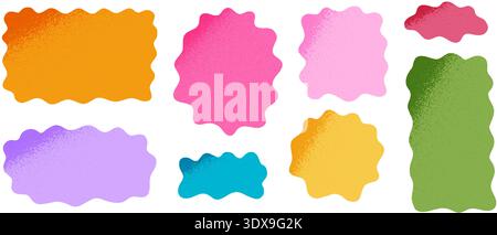Colorful organic wavy shapes with grunge textures. Irregular asymmetric blotches with grainy shadows. Abstract psychedelic forms. Speech bubbles, tags or labels templates. Vector flat illustration. Stock Vector