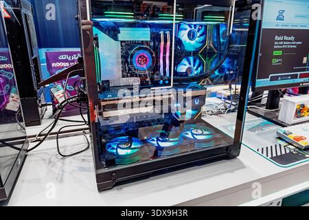 2 December 2025, Bahrain, Manama: High performance desktop computer showcasing internal components, glowing fans, built for serious gaming Stock Photo