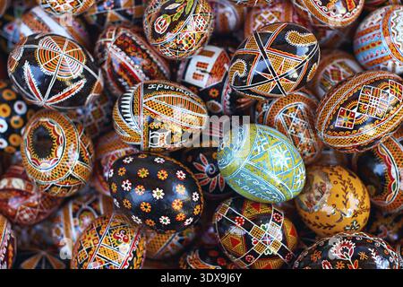 Lviv, Ukraine - April 22, 2016: Colored eggs with traditional patterns from Kosmach (village in the Carpathian mountains, Ivano-Frankivsk Oblast, Ukra Stock Photo