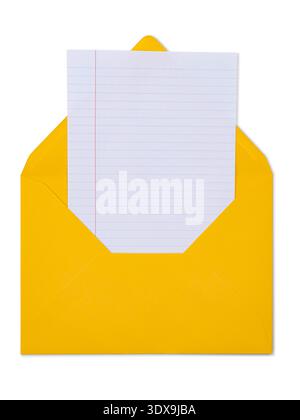 Yellow open envelope displaying blank lined paper. Top view, isolated on a white background. Stock Photo