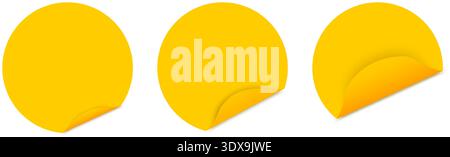 Set of round yellow stickers with turned back sticky edges isolated on white background. Empty paper note labels with folded corners. Vector realistic illustration. Stock Vector