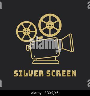 Retro badge featuring a film camera icon and the words silver screen in gold on dark background Stock Vector