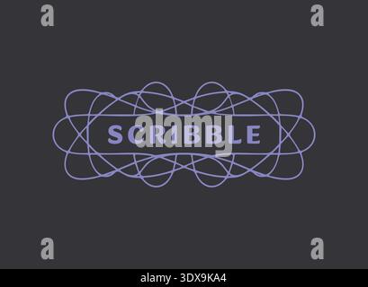 Dark label with scribble text surrounded by orbital scribble loops in purple linework Stock Vector
