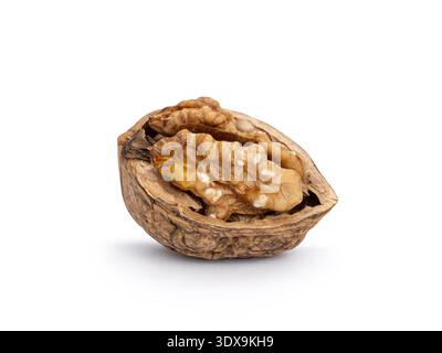 Walnut kernel resting in its opened shell, isolated on white background Stock Photo